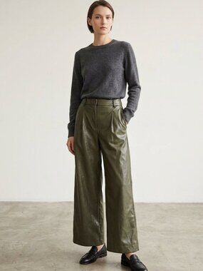 Saunders Collective RTR High-Rise Wide-Leg Faux Leather Trouser Olive Green | Si